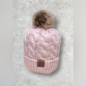 Chunky Cable Knit Beanie with Faux Fur Pom Pom